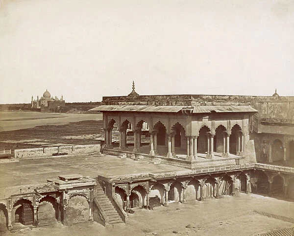 Fort Agra. Drwar-Khans in Fort Agra, with the Taj Mahal in the background, circa 1858