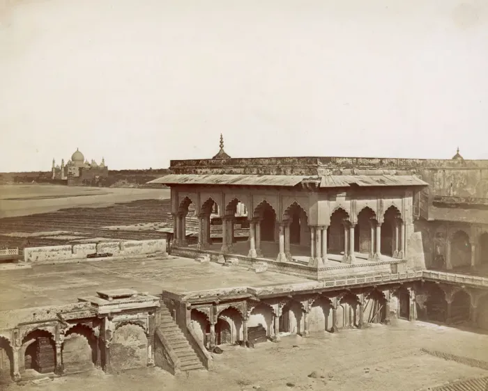 Framed Print : Fort Agra. Drwar-Khans in Fort Agra, with the Taj Mahal in the background, circa 1858 Framed Print : Fort Agra. Drwar-Khans in Fort Agra, with the Taj Mahal in the background, circa 1858