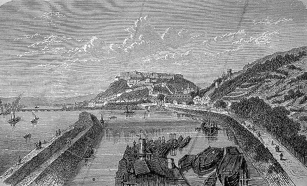 Fortress and town of Ehrenbreitstein near Koblenz, Rhineland-Palatinate, Germany, in 1880, Historic, digital reproduction of an original 19th-century image