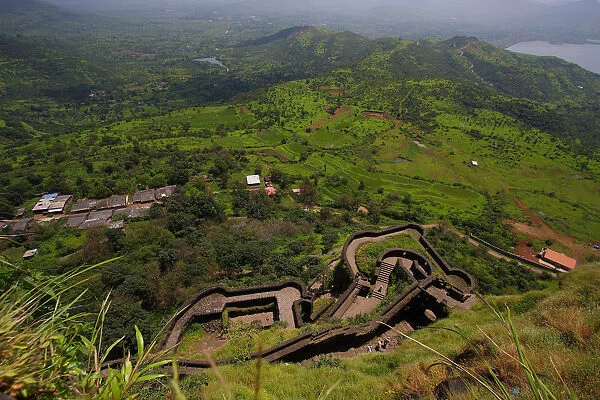 Fortscape. Ancient fort of Lohgad located in western ghats in Maharashtra