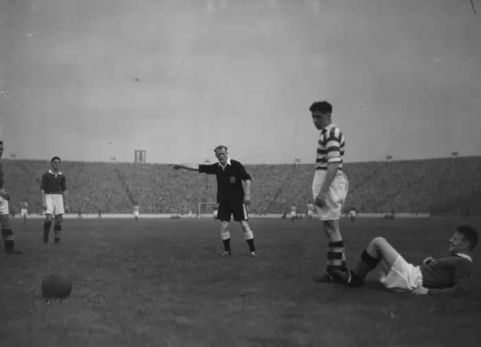 Framed Print : Foul Play. 15th October 1949: Rangers Jock Shaw on the right is fouled Framed Print : Foul Play. 15th October 1949: Rangers Jock Shaw on the right is fouled