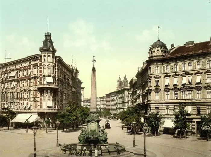 Framed Print : Fountain on Breiter Weg in Magdeburg, Saxony-Anhalt, c. 1890, Germany, Historic, digitally restored reproduction from a 19th century original Framed Print : Fountain on Breiter Weg in Magdeburg, Saxony-Anhalt, c. 1890, Germany, Historic, digitally restored reproduction from a 19th century original