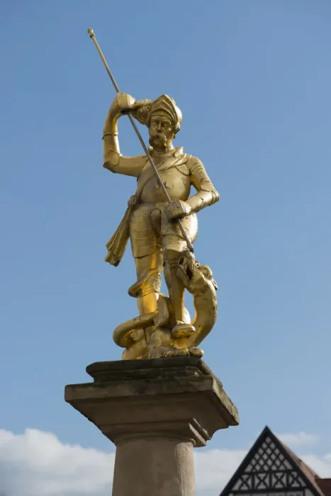 Framed Print : Fountain figure of St. George, 16th century, Georg Fountain, Market Square, Eisenach, Thuringia, Germany Framed Print : Fountain figure of St. George, 16th century, Georg Fountain, Market Square, Eisenach, Thuringia, Germany