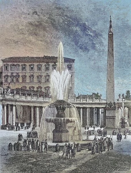 Fountain and Obelisk in St. Peters Square, Rome, Italy, Historical, digitally restored reproduction from a 19th century original