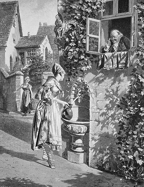 At the fountain, young woman fetching water from a public watering place with a jug, being watched by an elderly gentleman from the window, Austria, after a painting by Johann Hamza, Historic