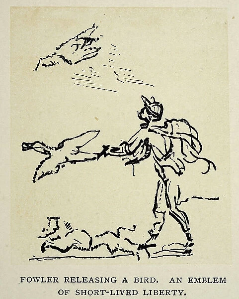 Fowler releasing a bird, Hunter, Hunting, after a drawing by Leonardo da Vinci