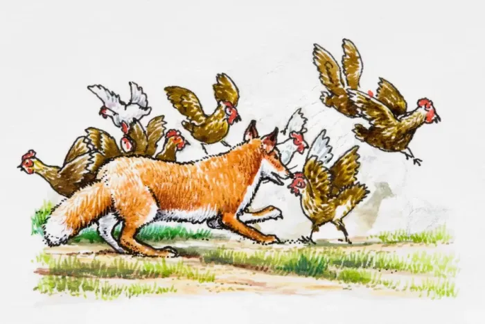 Framed Print : Fox chasing hens Framed Print : Fox chasing hens