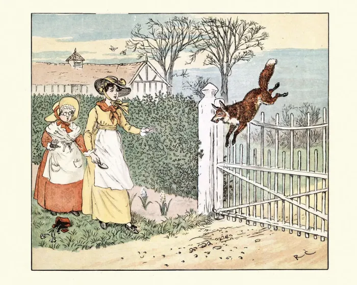 Framed Print : The Fox Jumps Over the Parsons Gate, by Randolph Caldecott Framed Print : The Fox Jumps Over the Parsons Gate, by Randolph Caldecott