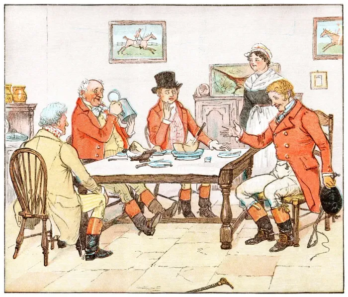 Framed Print : Foxhunting men enjoying a post-hunt meal Framed Print : Foxhunting men enjoying a post-hunt meal