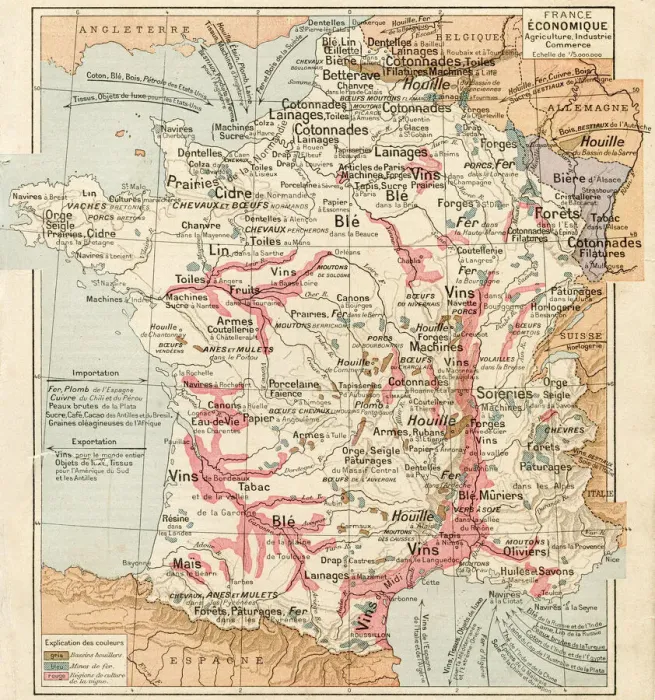 Framed Print : France Agriculture, industry Commerce map 1887 Framed Print : France Agriculture, industry Commerce map 1887