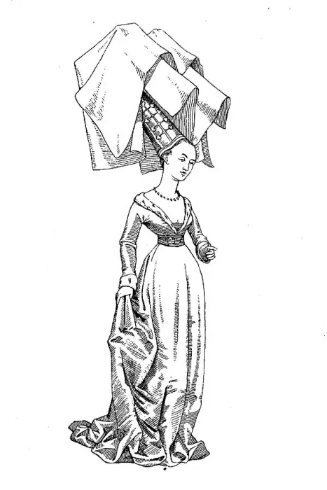 Framed Print : France, Burgundy, Lady in court costume with high hat and veil on wire frame, c. 1450, Fashion History, Costume History, Historical, digitally restored reproduction of an original 19th century pattern Framed Print : France, Burgundy, Lady in court costume with high hat and veil on wire frame, c. 1450, Fashion History, Costume History, Historical, digitally restored reproduction of an original 19th century pattern