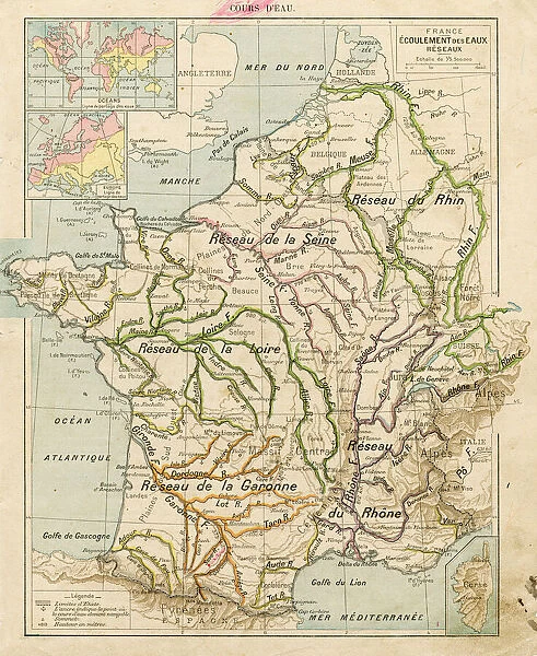 France drainage of network water map 1887