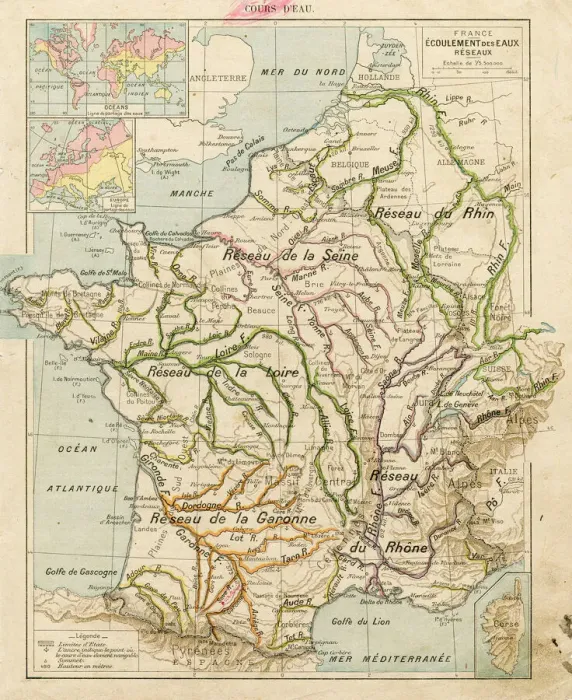 Framed Print : France drainage of network water map 1887 Framed Print : France drainage of network water map 1887