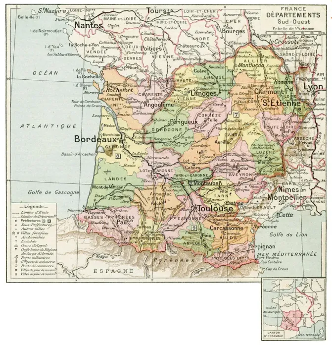 Framed Print : France south west regions map 1887 Framed Print : France south west regions map 1887