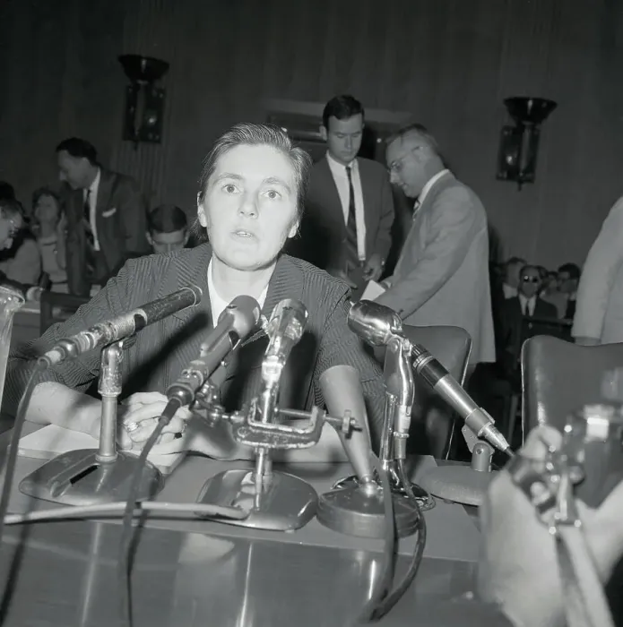 Framed Print : Frances Kelsey Behind Microphones