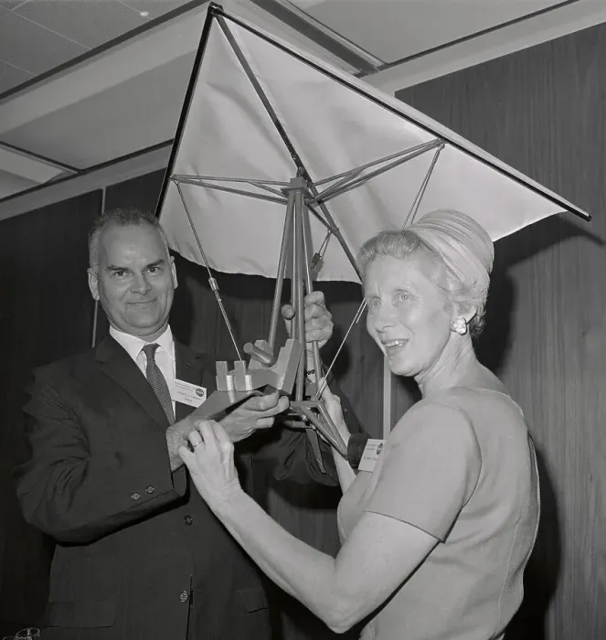 Framed Print : Francis and Gertrude Rogallo Holding Their Kite Model Framed Print : Francis and Gertrude Rogallo Holding Their Kite Model