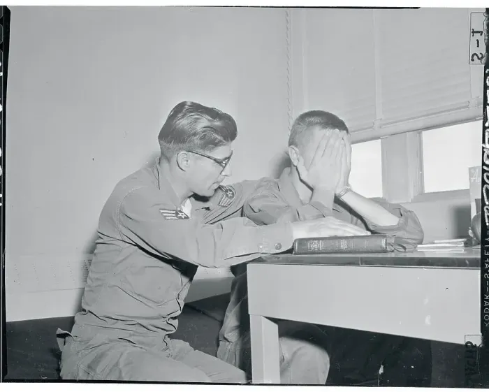 Framed Print : Francis Landry Comforting a Fellow Airman Framed Print : Francis Landry Comforting a Fellow Airman