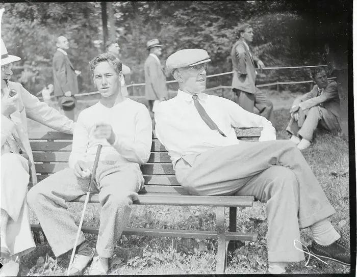 Framed Print : Francis Ouimet Resting on a Bench with Bobby Jones Framed Print : Francis Ouimet Resting on a Bench with Bobby Jones