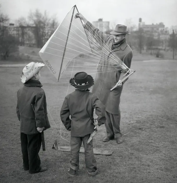 Framed Print : Francis Rogallo Showing Experimental Kite to Kids Framed Print : Francis Rogallo Showing Experimental Kite to Kids
