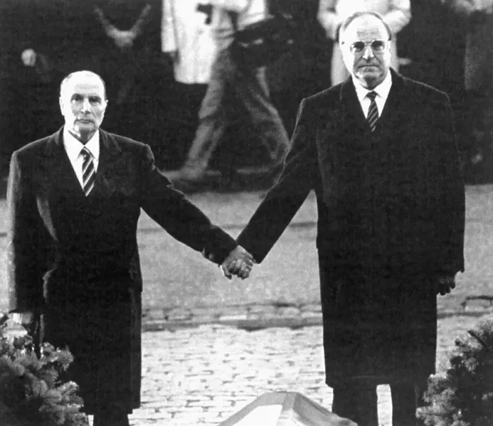 Framed Print : Francois Mitterrand and Helmut Kohl Holding Hands