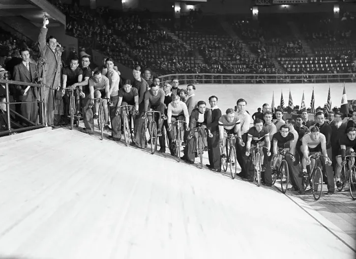 Framed Print : Frank Fay Starting Bicycle Race