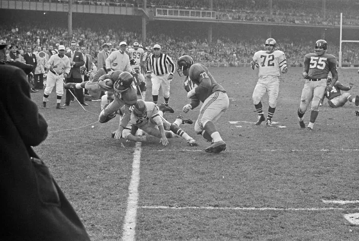 Framed Print : Frank Gifford Forced out of Bounds Framed Print : Frank Gifford Forced out of Bounds