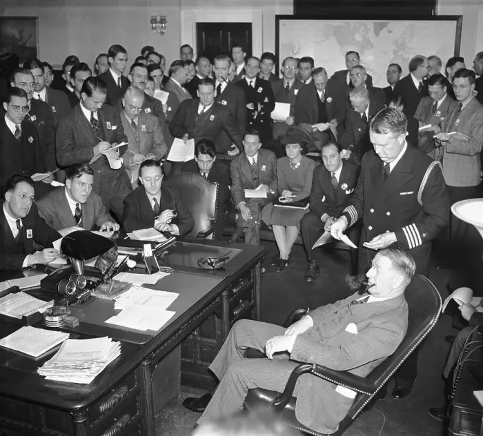 Framed Print : Frank Knox Giving Press Conference on Pearl Harbor Attack Framed Print : Frank Knox Giving Press Conference on Pearl Harbor Attack