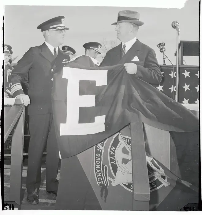 Framed Print : Frank Knox Holding a Pennant with the Letter E Framed Print : Frank Knox Holding a Pennant with the Letter E