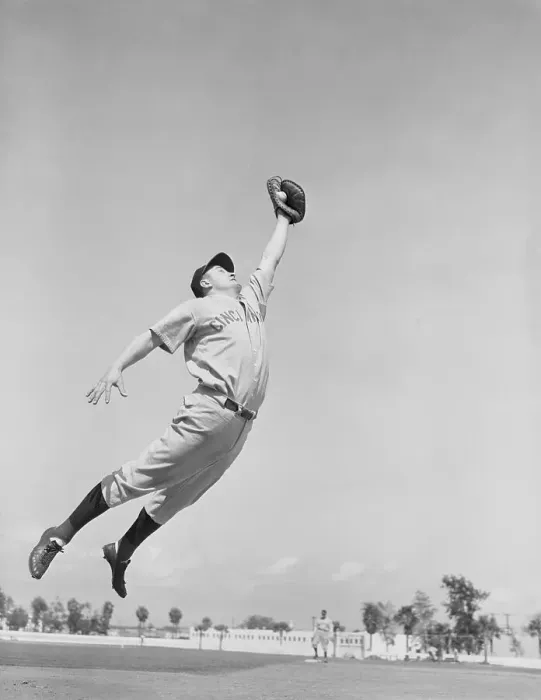Framed Print : Frank McCormick In Mid Air to Catch Baseball Framed Print : Frank McCormick In Mid Air to Catch Baseball