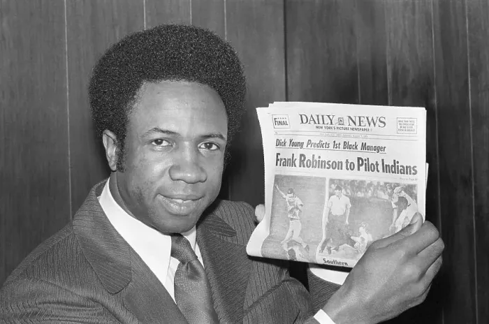 Framed Print : Frank Robinson Holds Prophetic Newspaper Framed Print : Frank Robinson Holds Prophetic Newspaper