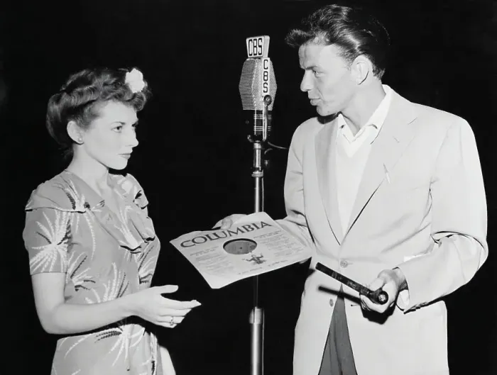 Framed Print : Frank Sinatra Giving Record to Woman Framed Print : Frank Sinatra Giving Record to Woman