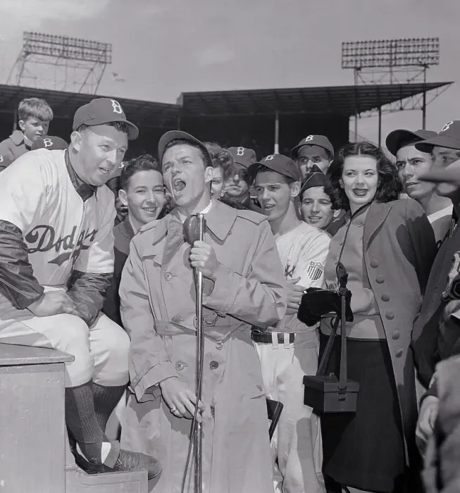 Framed Print : Frank Sinatra Singing to Baseball Players Framed Print : Frank Sinatra Singing to Baseball Players