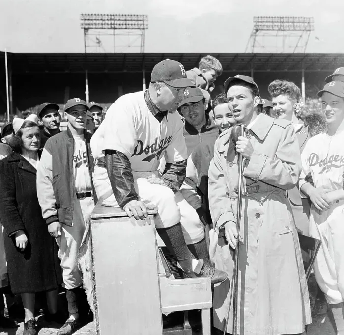 Framed Print : Frank Sinatra Singing;Dodgers Around Him Framed Print : Frank Sinatra Singing;Dodgers Around Him