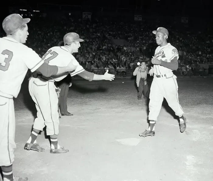 Framed Print : Frank Torre Greets Hank Aaron at Home Plate Framed Print : Frank Torre Greets Hank Aaron at Home Plate