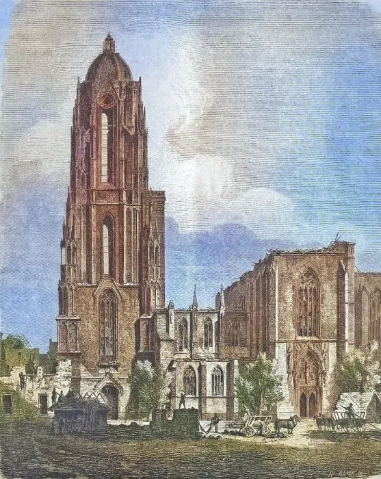 Framed Print : Frankfurt Cathedral after the fire catastrophe of 1869, Frankfurt am Main, Hesse, Germany, historical engraving, ca. 1869, Historical, digitally restored reproduction from a 19th century original, coloured, exact date unknown Framed Print : Frankfurt Cathedral after the fire catastrophe of 1869, Frankfurt am Main, Hesse, Germany, historical engraving, ca. 1869, Historical, digitally restored reproduction from a 19th century original, coloured, exact date unknown