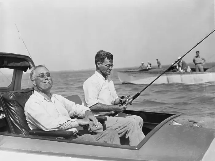 Framed Print : Franklin D. Roosevelt Fishing with Acquaintance in Boat Framed Print : Franklin D. Roosevelt Fishing with Acquaintance in Boat