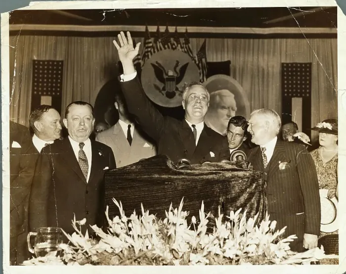 Framed Print : Franklin D. Roosevelt at Podium with Officials Nearby