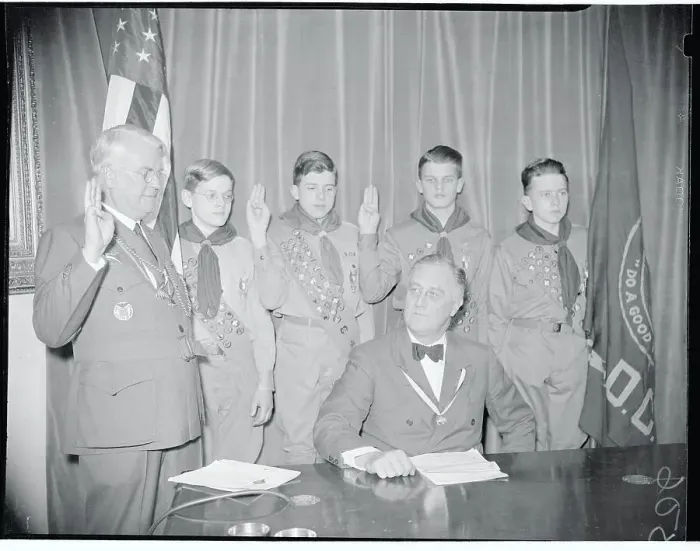 Framed Print : Franklin D. Roosevelt Posing With Boy Scout Participants Framed Print : Franklin D. Roosevelt Posing With Boy Scout Participants