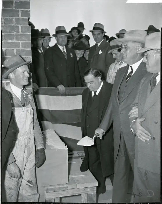 Framed Print : Franklin Roosevelt Holding Trowel