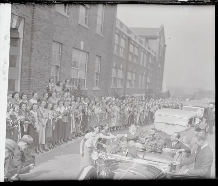 Framed Print : Franklin Roosevelt Shaking Hands with Female Students Framed Print : Franklin Roosevelt Shaking Hands with Female Students
