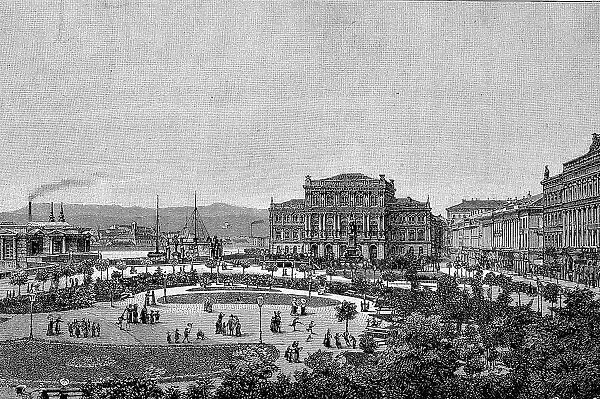 Franz Joseph Square and the Building of the Hungarian Academy of Sciences, Budapest, Hungary, Historic, digital reproduction of an original 19th-century artwork
