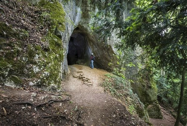 Frauenhohle cave, natural monument, Jurassic limestone, lower entrance on the Egloffstein culture trail, Mostviel, Egloffstein, Bavaria, Germany
