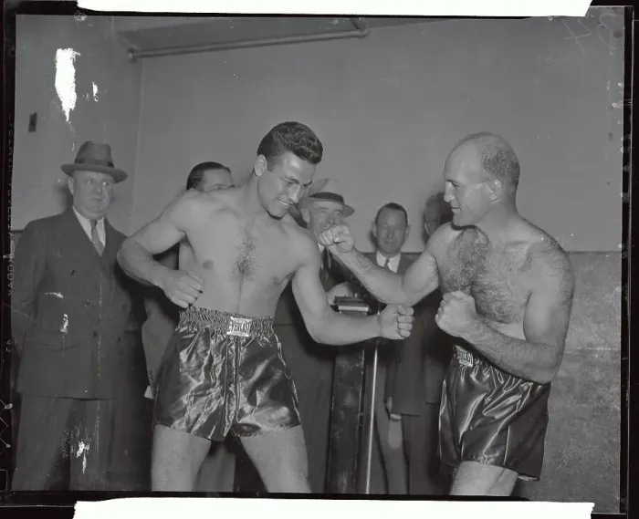 Framed Print : Fred Apostoli and Marcel Thil Squaring Off Framed Print : Fred Apostoli and Marcel Thil Squaring Off