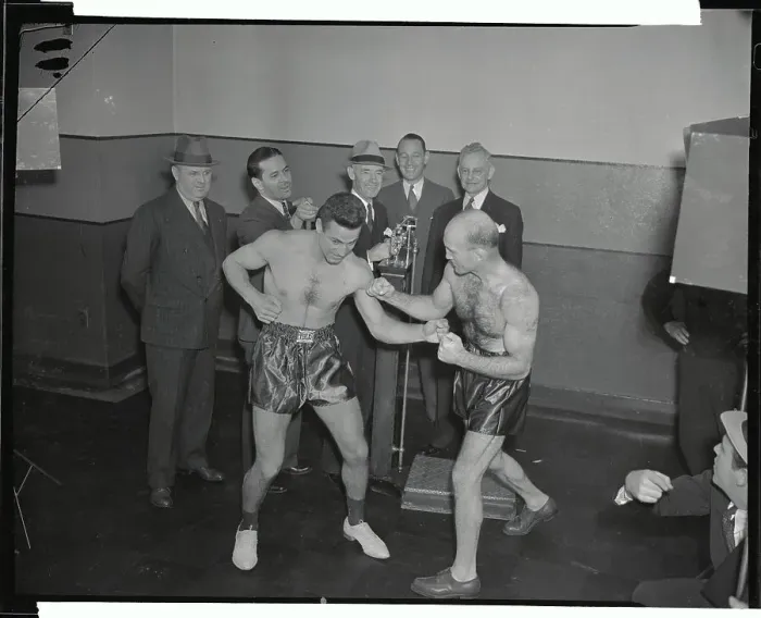 Framed Print : Fred Apostoli and Marcel Thil at Weigh In Squaring off Framed Print : Fred Apostoli and Marcel Thil at Weigh In Squaring off