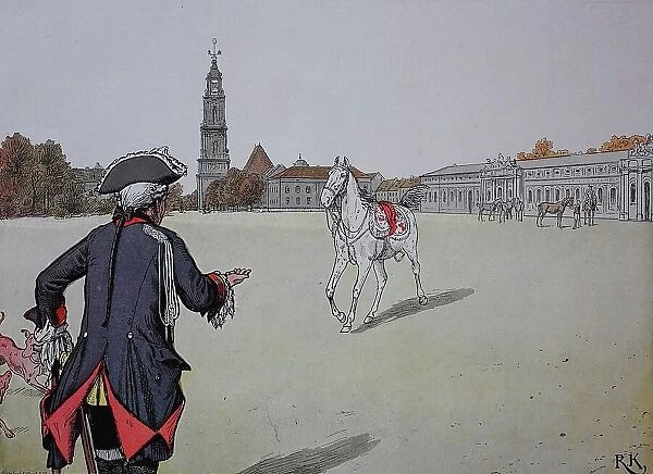 Frederick the Great, Frederick II 1712-1786 and his horse Conde, Potsdam, Germany, Historic, digital reproduction of an original 19th-century painting