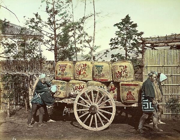 Freight cart, transport of goods with a simple cart pulled by a few men, c. 1870, Japan, Historic, digitally restored reproduction from an original of the time