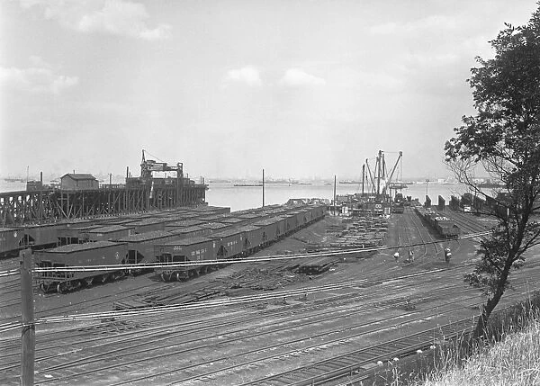 Freight train wagons on shunting yard, (B&W), elevated view