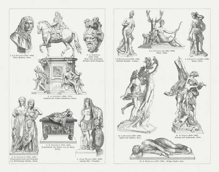 Framed Print : French, German, and Italian sculpures, wood engravings, published in 1897 Framed Print : French, German, and Italian sculpures, wood engravings, published in 1897