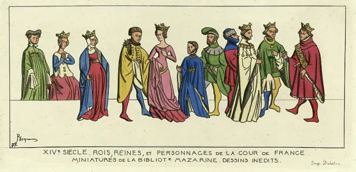 Framed Print : French Kings, Queens and nobles, Medieval costumes, 14th Century