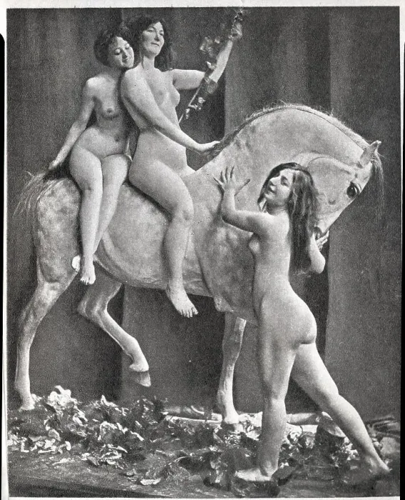 Framed Print : French Models Riding Paper Mache Horse Framed Print : French Models Riding Paper Mache Horse